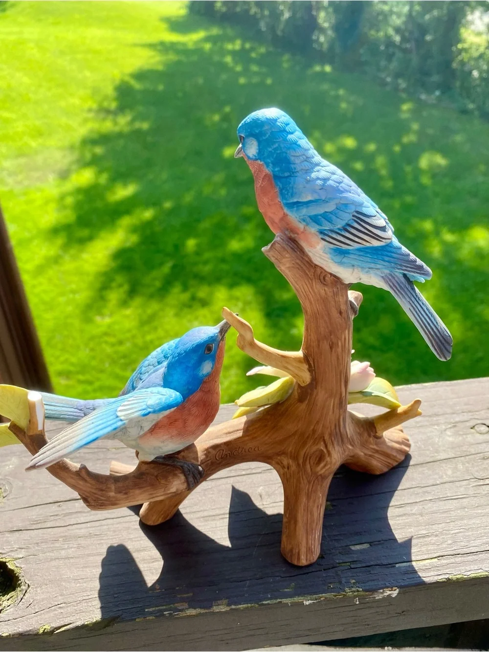 Blue and Coral Songbird Figurine Pair on Branch - Decorative Bird Statue